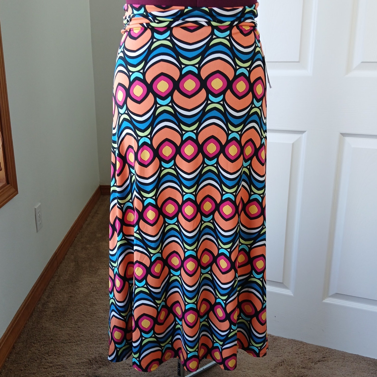 Lularoe Bold Peacock Fold Over Maxi Skirt Xs Tube Dress Bright Orange Blue Nos